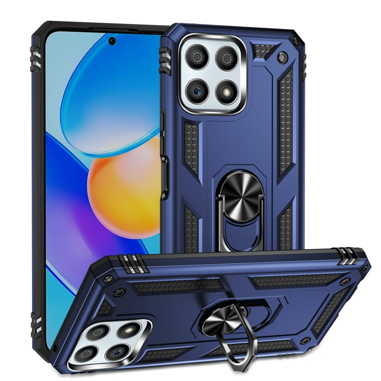 Blue rugged phone case with 360° rotating holder and raised camera lens frame
