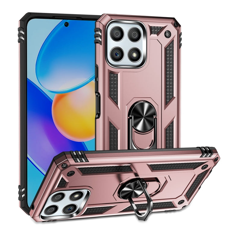 Rose gold rugged phone case with 360° rotating kickstand and textured shock edges