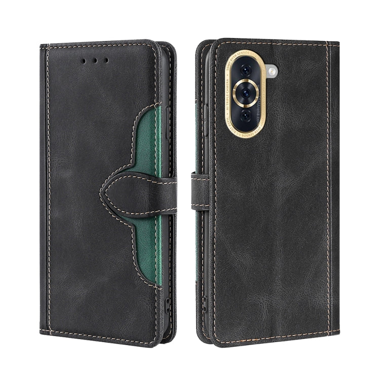 Black leather phone case with magnetic buckle and green accent card holder