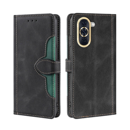 Black leather phone case with magnetic buckle and green accent card holder