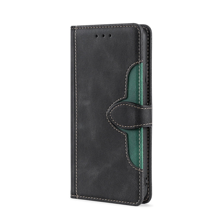 Black leather flip phone case with magnetic buckle and card slot cutouts