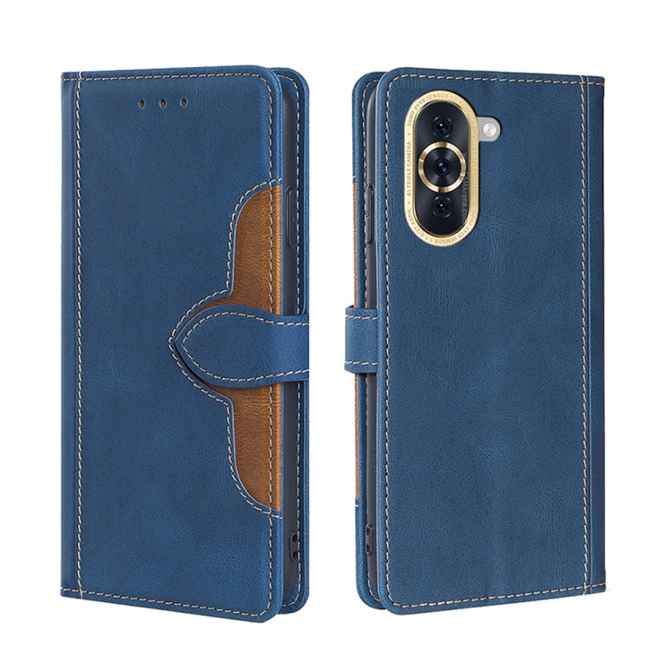 Blue leather flip phone case with magnetic buckle and card slot cutouts