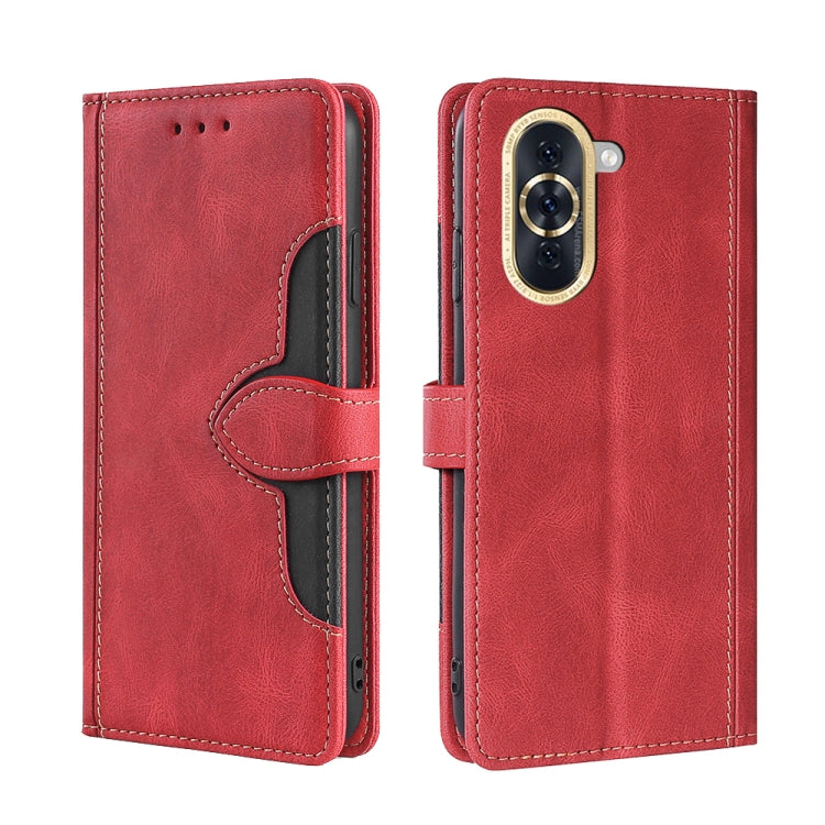 Red leather flip phone case with magnetic buckle and card holder panel