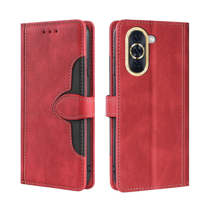 Red leather flip phone case with magnetic buckle and card holder panel