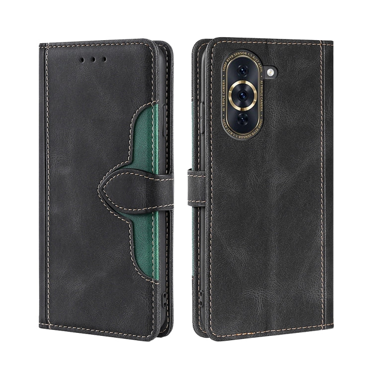 Black leather phone case with magnetic buckle and green accent trim