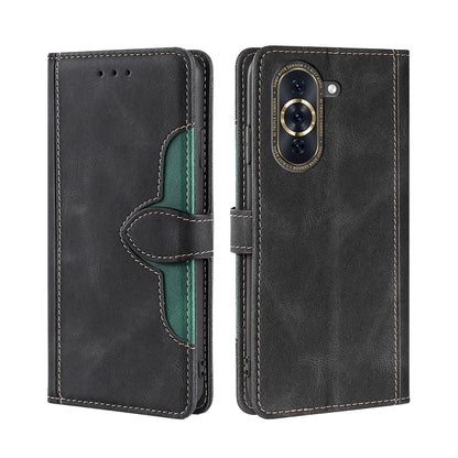 Black leather phone case with magnetic buckle and green accent trim