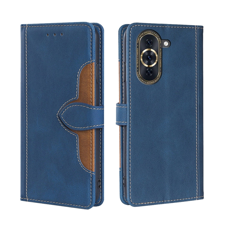 Blue leather magnetic buckle phone case with front flap and stitched interior pocket