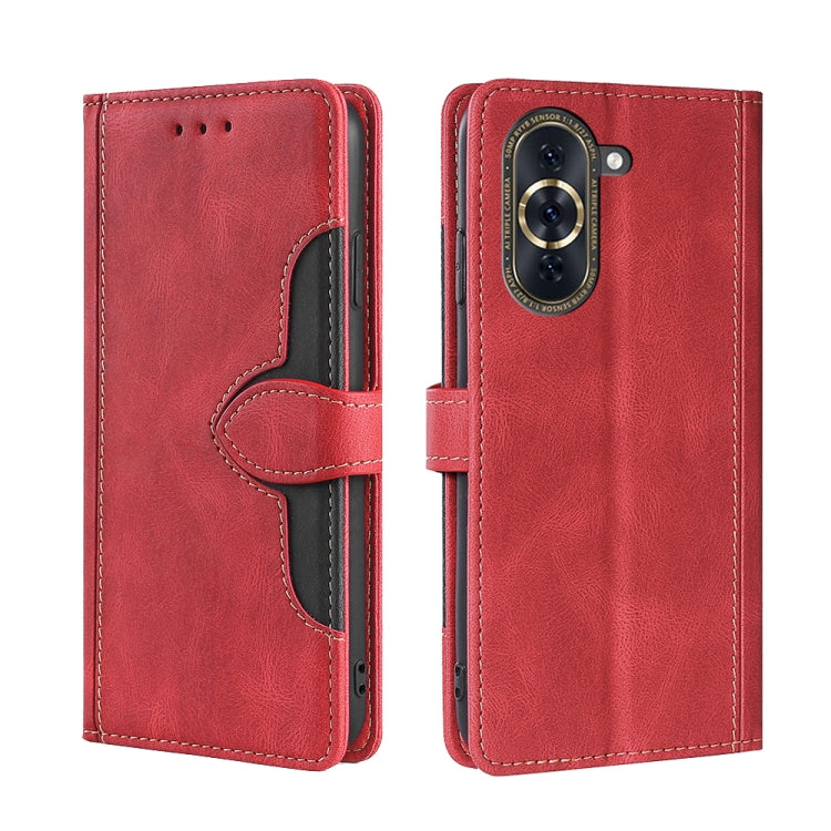 Red leather magnetic buckle phone case with front flap and stitched interior pocket