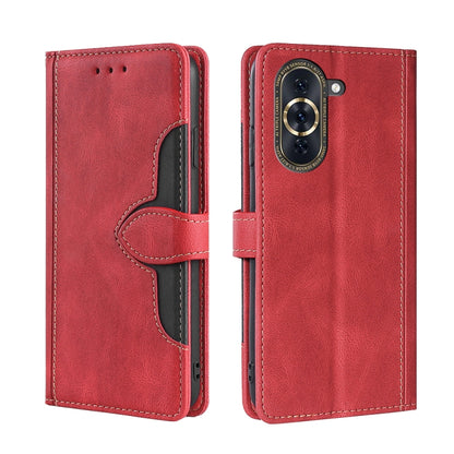 Red leather magnetic buckle phone case with front flap and stitched interior pocket
