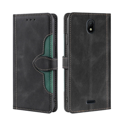 Black leather magnetic buckle phone case with green accent strap and front flap