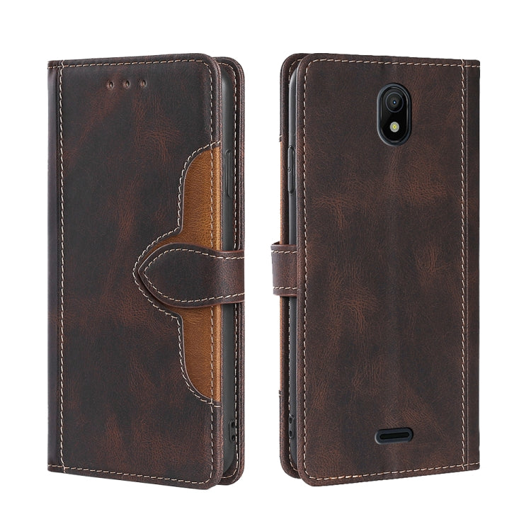 Brown leather magnetic buckle phone case with front flap and stitched interior pocket