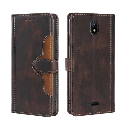 Brown leather magnetic buckle phone case with front flap and stitched interior pocket