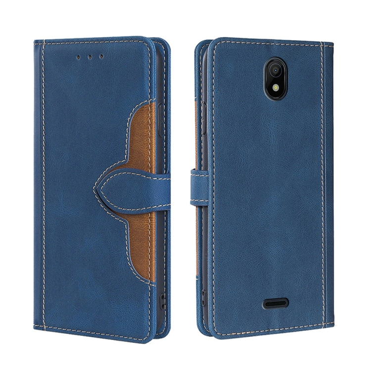 Blue leather magnetic buckle phone case with camera opening and side button cutout