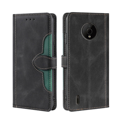 Black leather magnetic buckle phone case with camera opening and green accent strap