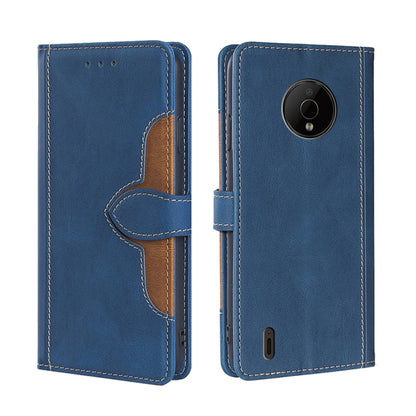 Blue leather magnetic buckle phone case with front flap and camera opening