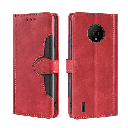 Red leather magnetic buckle phone case with front flap and camera opening