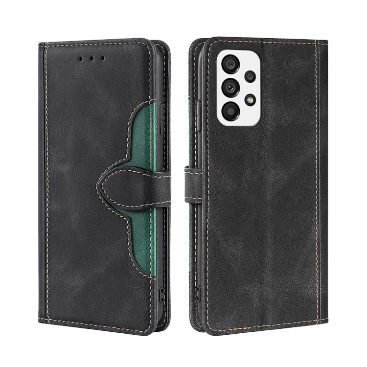 Black leather phone case with magnetic buckle, green inner panel, camera cutout and stitching.