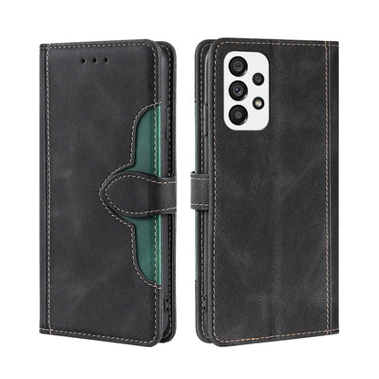 Black leather phone case with magnetic buckle, green inner panel, camera cutout and stitching.
