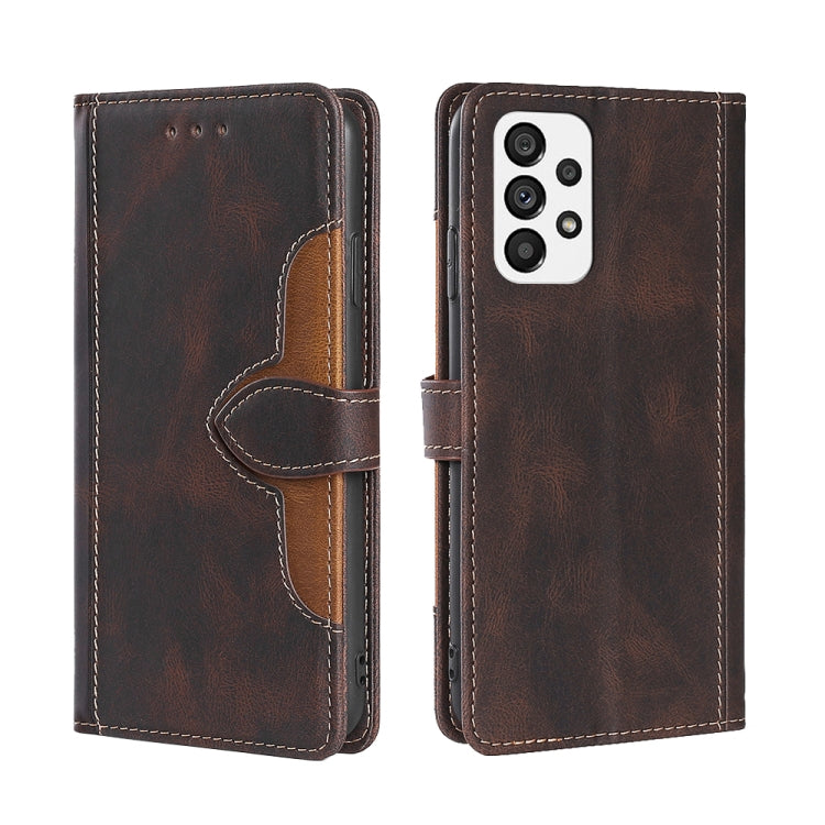 Brown leather phone case with magnetic buckle strap, camera cutout, stitched card slots.