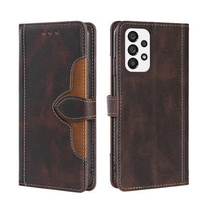 Brown leather phone case with magnetic buckle strap, camera cutout, stitched card slots.