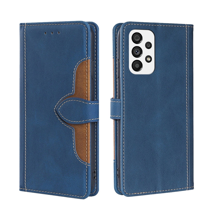 Blue leather phone case with magnetic buckle, tan inner panel, camera cutout, side openings.