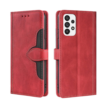 Red leather phone case with magnetic buckle strap, camera cutout, stitched card holder design.