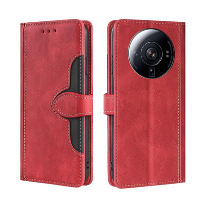 Red leather phone case with magnetic buckle, camera lens cutout, stitched card holder design.
