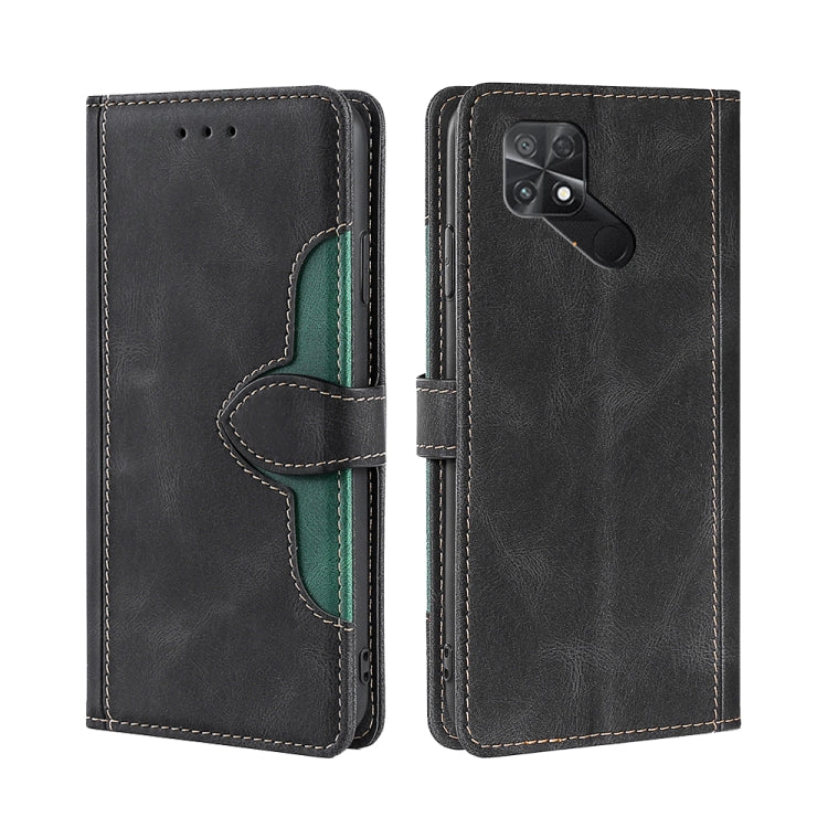 Black leather phone case with magnetic buckle, green inner panel, camera cutout and ports.