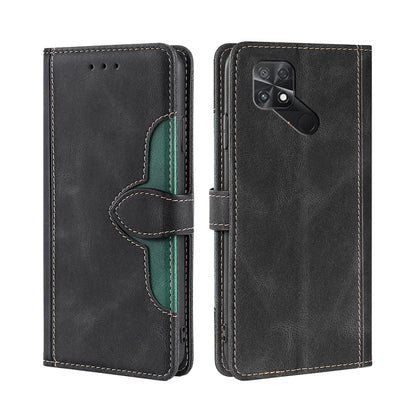 Black leather phone case with magnetic buckle, green inner panel, camera cutout and ports.