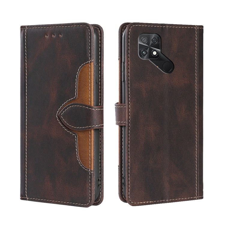Brown leather phone case with magnetic buckle strap, camera cutout, stitched front card slots.