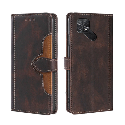 Brown leather phone case with magnetic buckle strap, camera cutout, stitched front card slots.