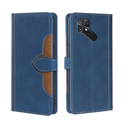 Blue leather phone case with magnetic buckle, camera cutout, tan inner panel and stitching.