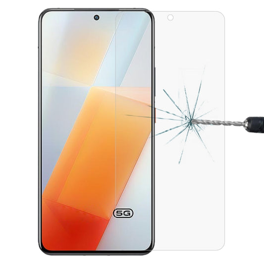 Tempered glass screen protector for curved phone display, shown over a cracked screen test