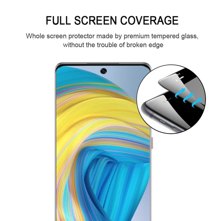 Tempered glass screen protector with curved edge; close-up shows rounded side fit