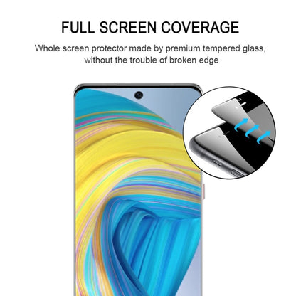 Tempered glass screen protector with curved edge; close-up shows rounded side fit