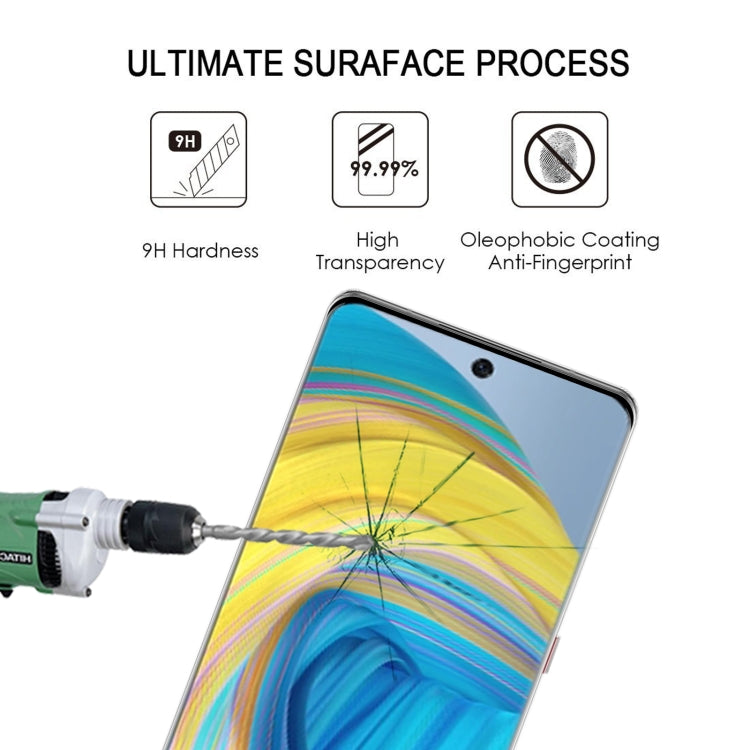Curved edge tempered glass screen protector on a phone, with surface protection icons
