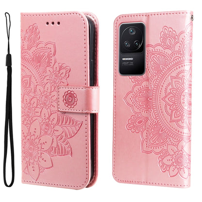 Rose gold embossed 7-petal floral leather phone case with lanyard strap, flip cover