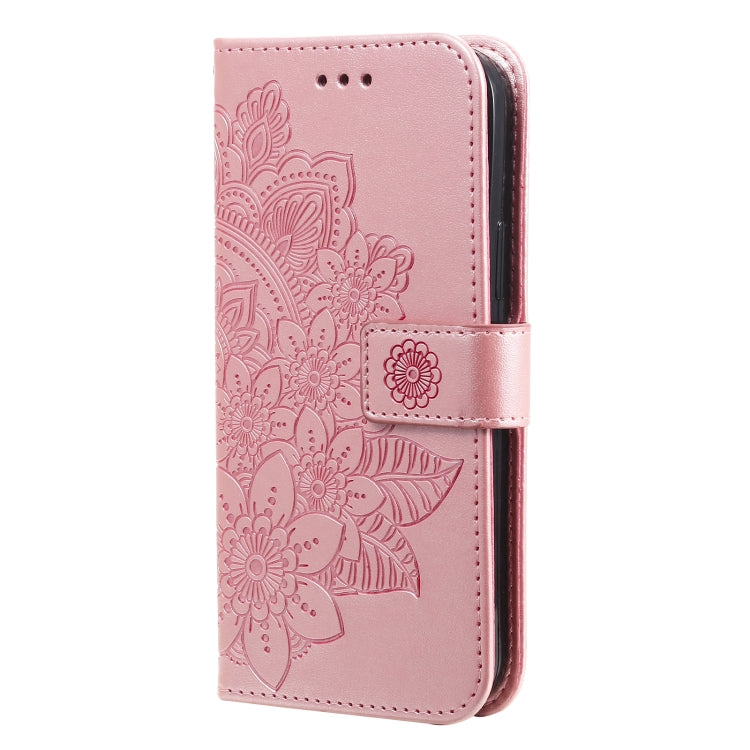 Rose gold embossed 7-petal floral leather phone case with magnetic flip strap