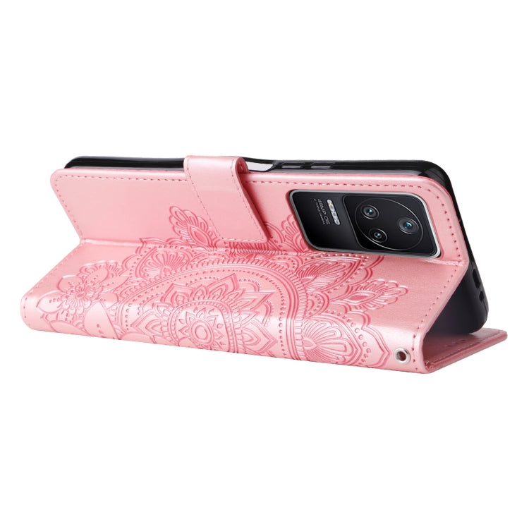 Rose gold embossed 7-petal floral leather phone case with side flip cover
