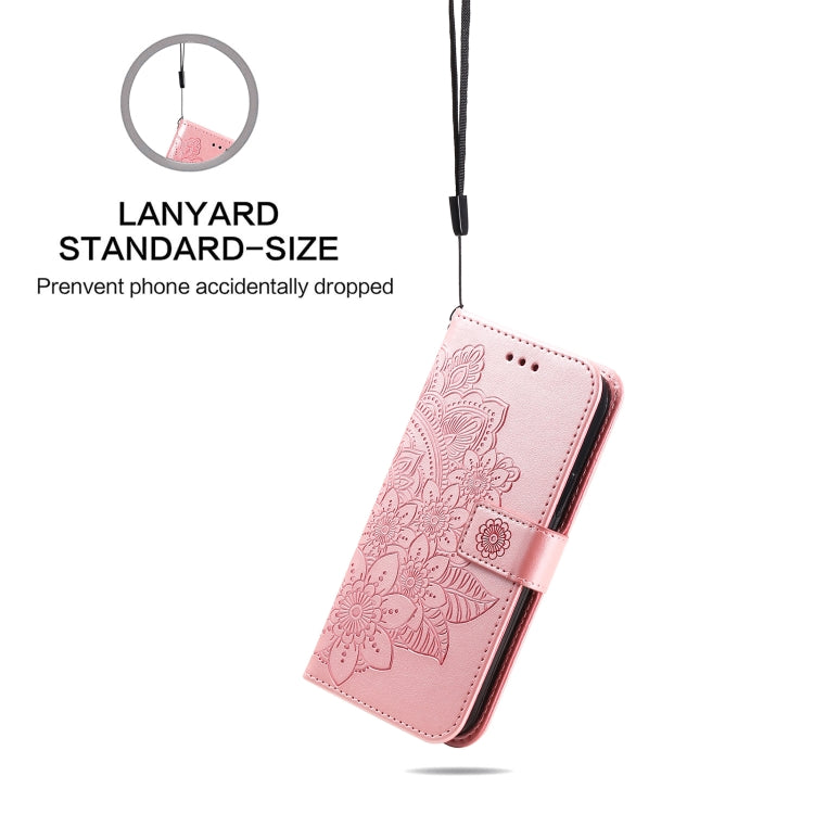 Rose gold embossed 7-petal floral leather phone case with attached lanyard