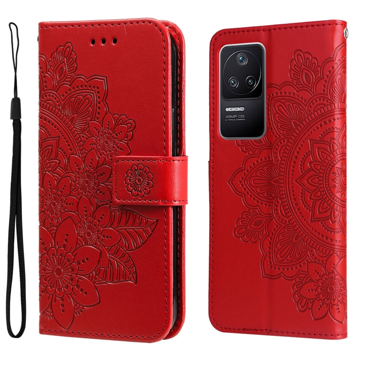 Red embossed 7-petal floral leather phone case with lanyard strap, open/closed