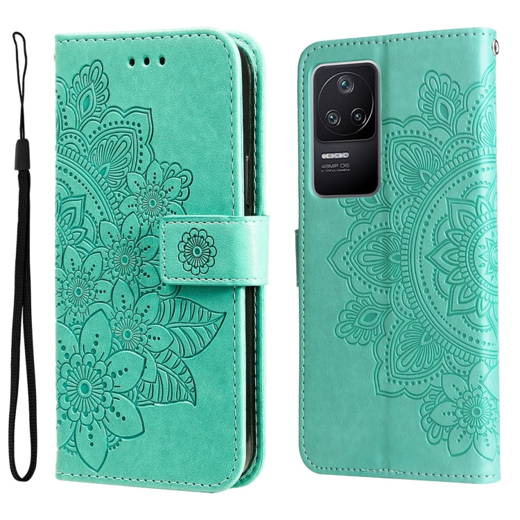 Green embossed 7-petal floral leather phone case with lanyard strap, open/closed