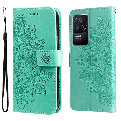 Green embossed 7-petal floral leather phone case with lanyard strap, open/closed
