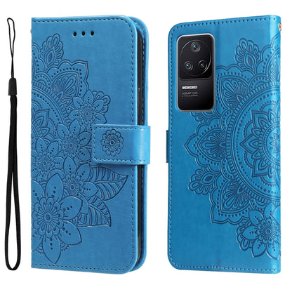 Blue embossed flower wallet phone case with magnetic band and camera cutout