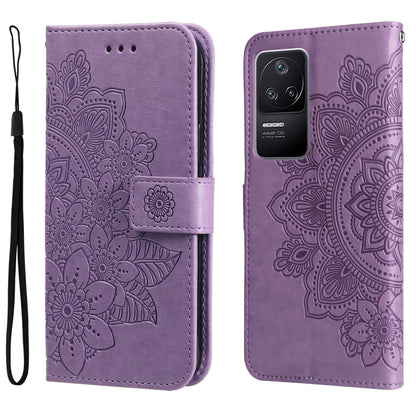 Purple embossed flower wallet phone case with magnetic closure and wrist strap