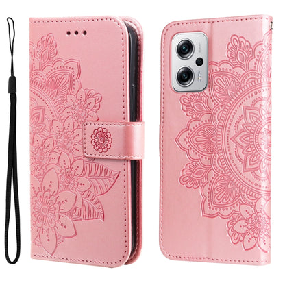 Rose gold embossed 7-petal floral leather phone case, open and closed views