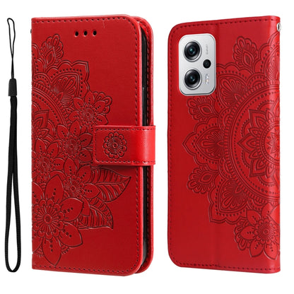Red embossed 7-petal floral leather phone case with lanyard strap, front and back