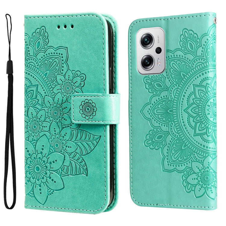 Mint green embossed flower wallet phone case with side strap and card slots