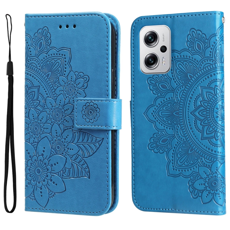 Light blue embossed flower wallet phone case with front flip cover and strap