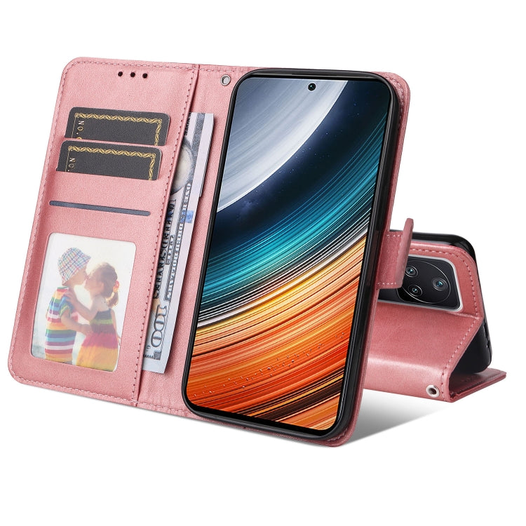 Pink leather wallet phone case with card slots and flip cover, holding a phone